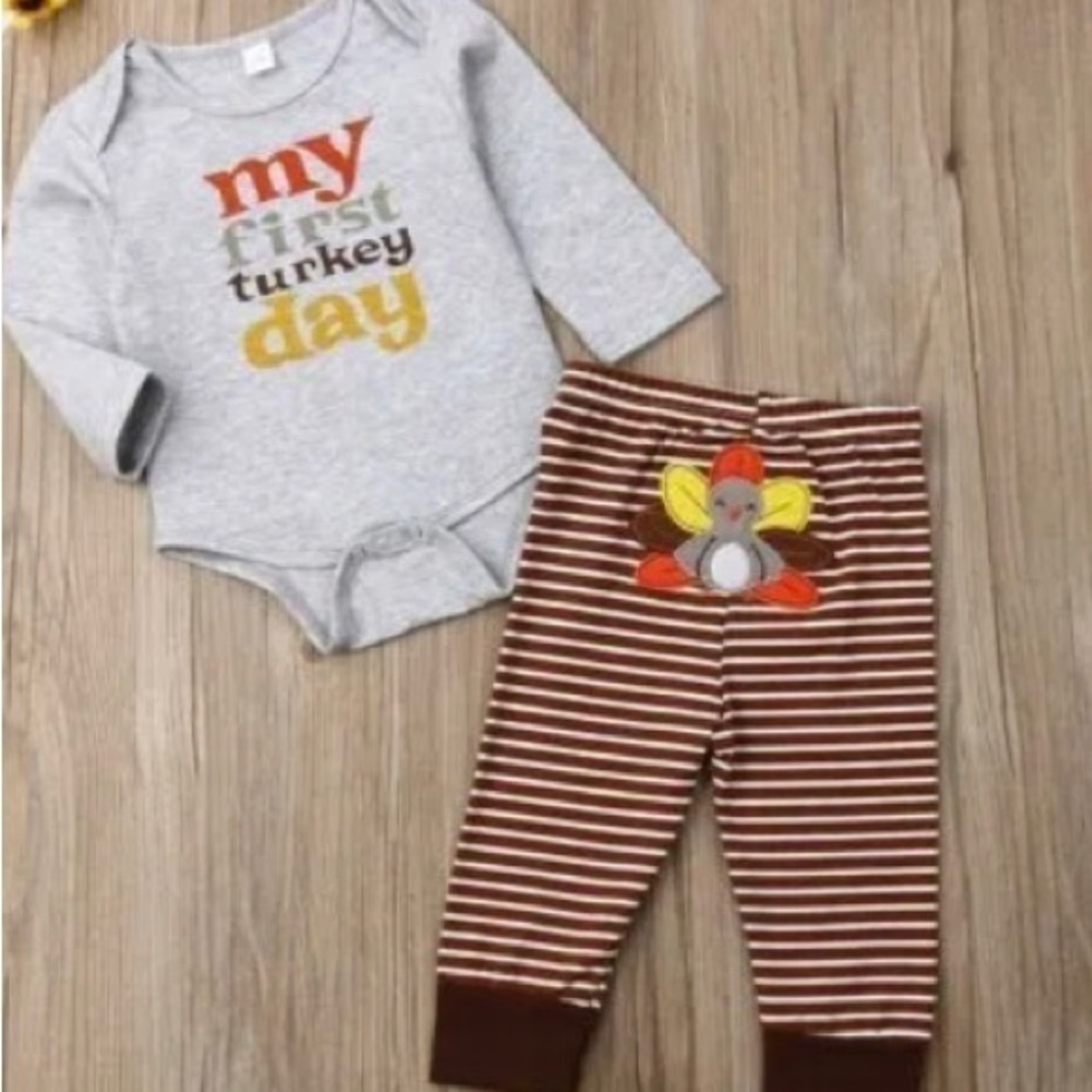 NWOT Newborn My First Thanksgiving Outfit Bodysuit Pants Set Size 9 months